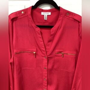 Calvin Klein Womens XL Red Long Sleeve Modern Essential Button Front Blouse